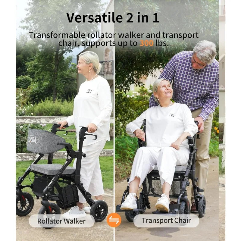 2-in-1 Rollator Walker & Transport Chair for Seniors – Lightweight Foldable Design with Seat, Brakes, & Storage Pouch