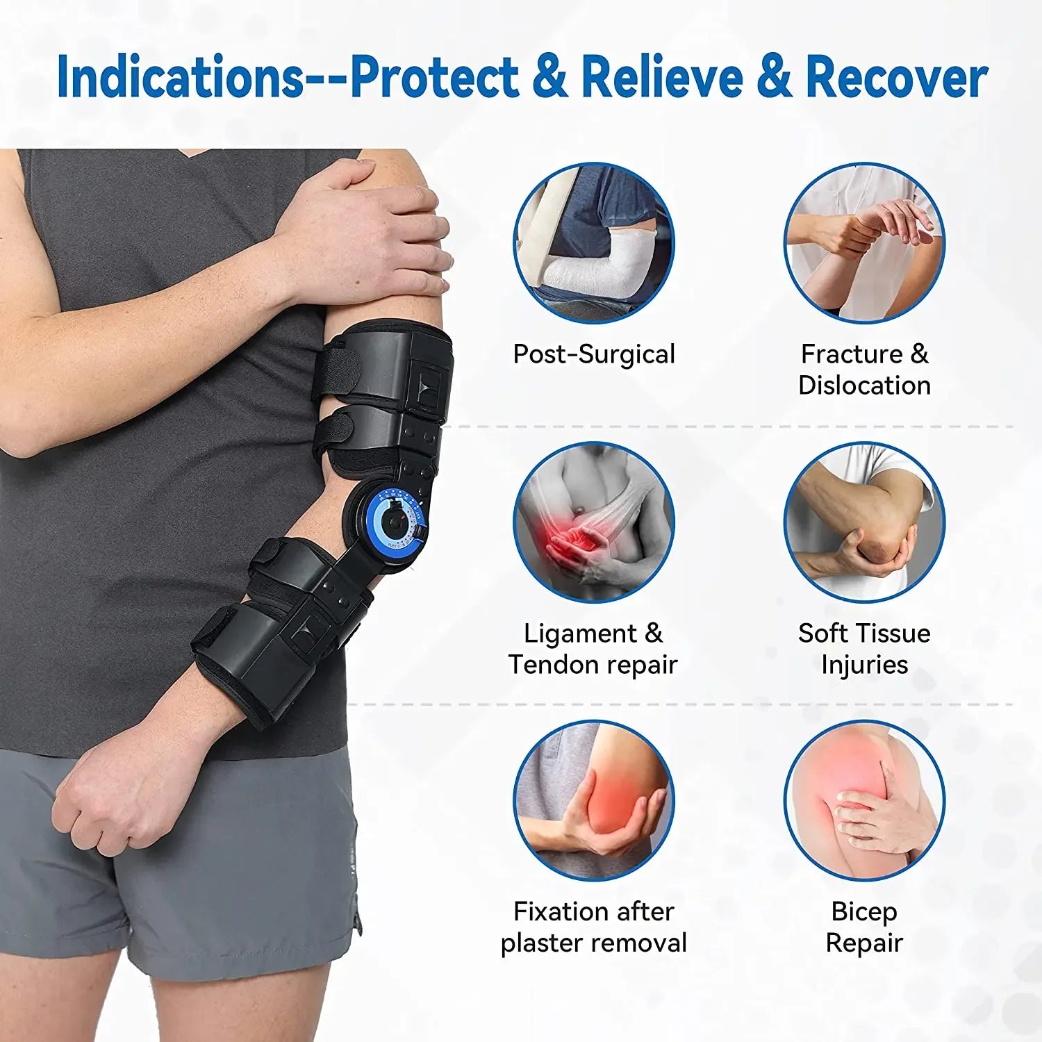 Hinged ROM Elbow Brace, Adjustable Post-Op Stabilizer Splint, Arm Injury Recovery Support Fracture Immobilization Rehabilitation