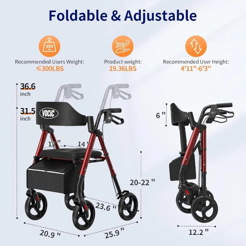 Foldable Walker with Seat for Seniors – 8-Inch All-Terrain Wheels, Dual Adjustable Height, and Ergonomic Backrest