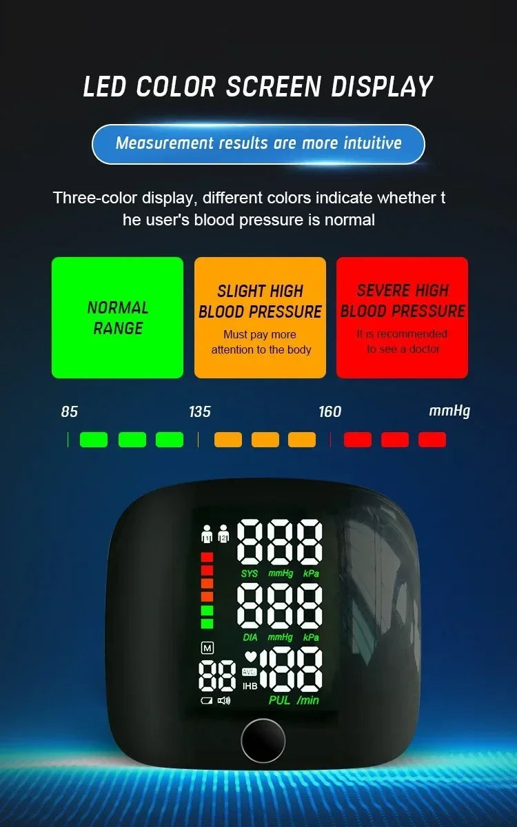 Wrist Blood Pressure Monitor with LED Display and USB Rechargeable Fast Measurement Tensiometer