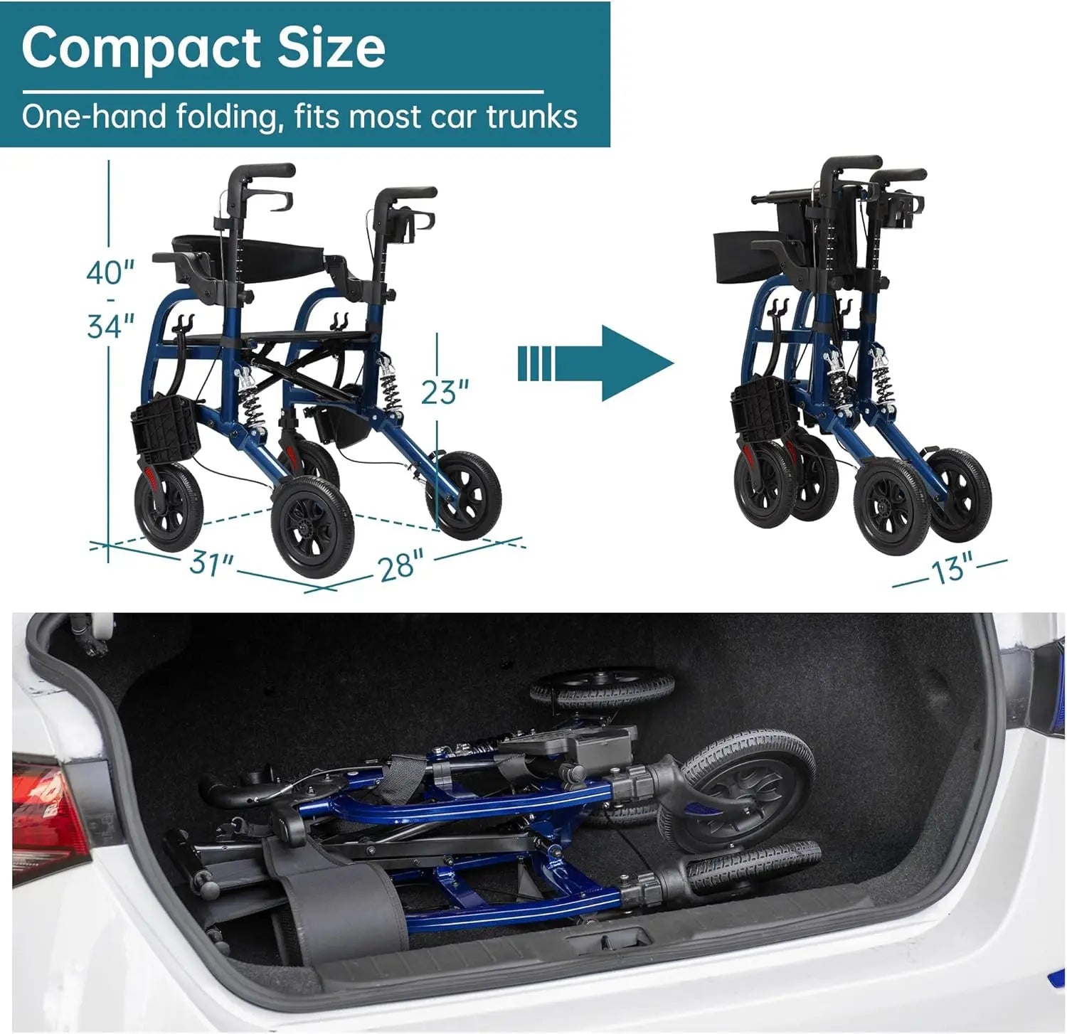 2-in-1 Rollator Walker & Transport Chair with Shock Absorbers and 10'' All-Terrain Wheels