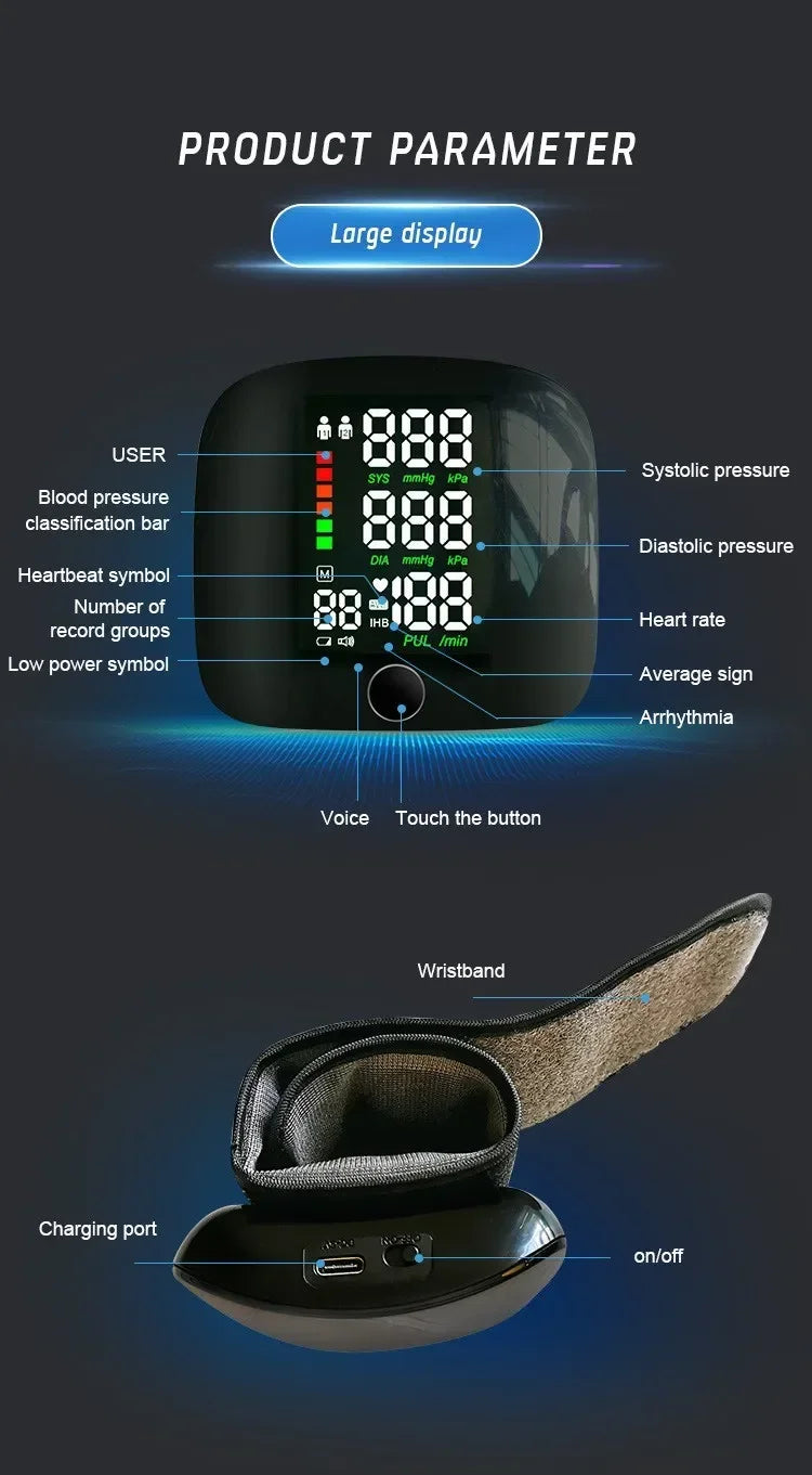 Wrist Blood Pressure Monitor with LED Display and USB Rechargeable Fast Measurement Tensiometer