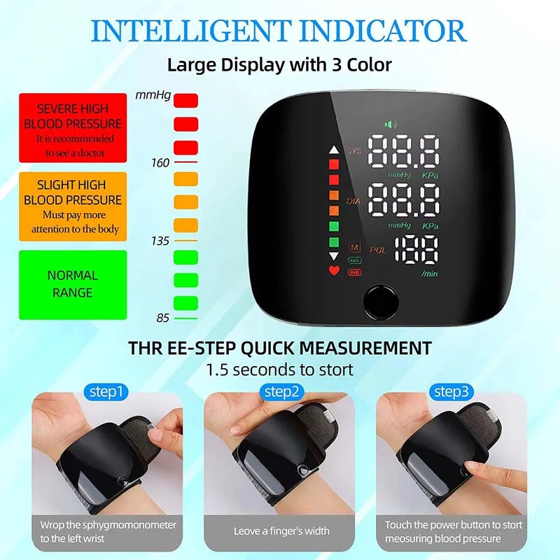 Wrist Blood Pressure Monitor with LED Display and USB Rechargeable Fast Measurement Tensiometer