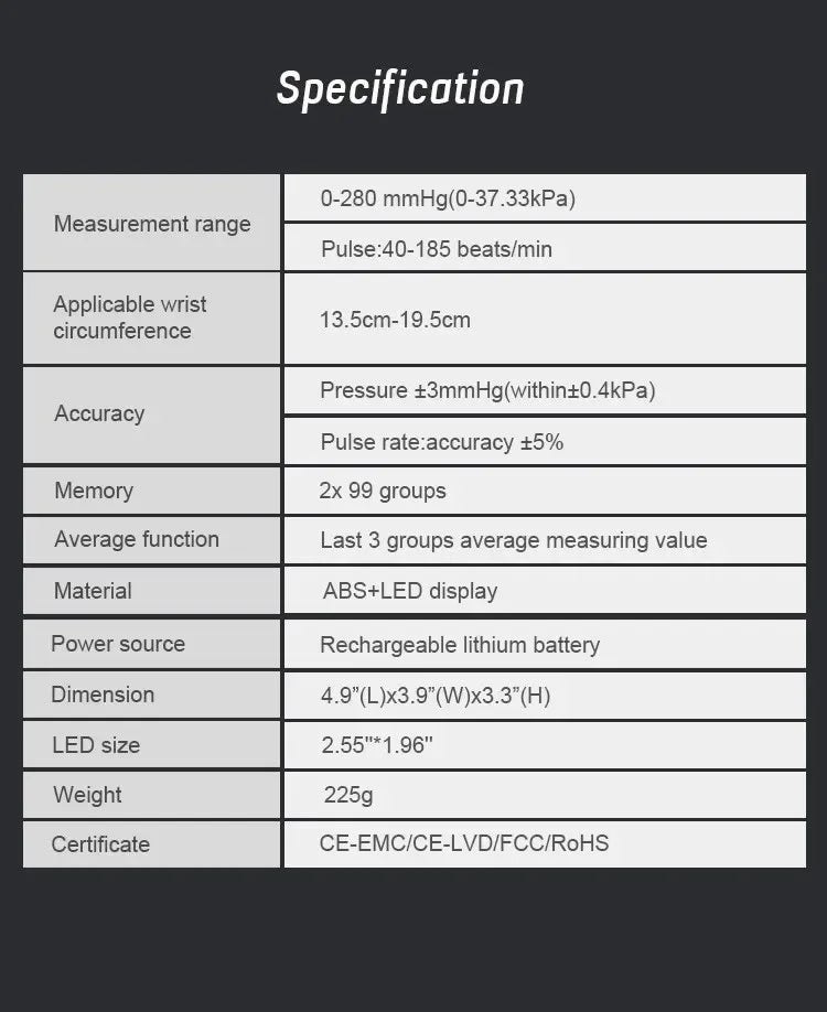Wrist Blood Pressure Monitor with LED Display and USB Rechargeable Fast Measurement Tensiometer