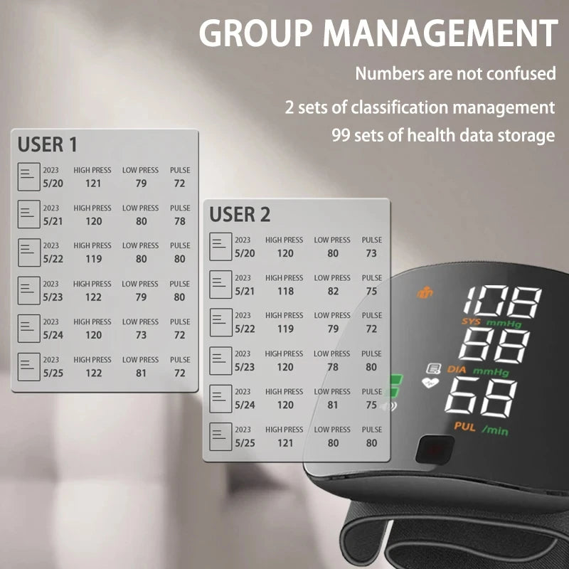 Wrist Blood Pressure Monitor with LED Display and USB Rechargeable Fast Measurement Tensiometer