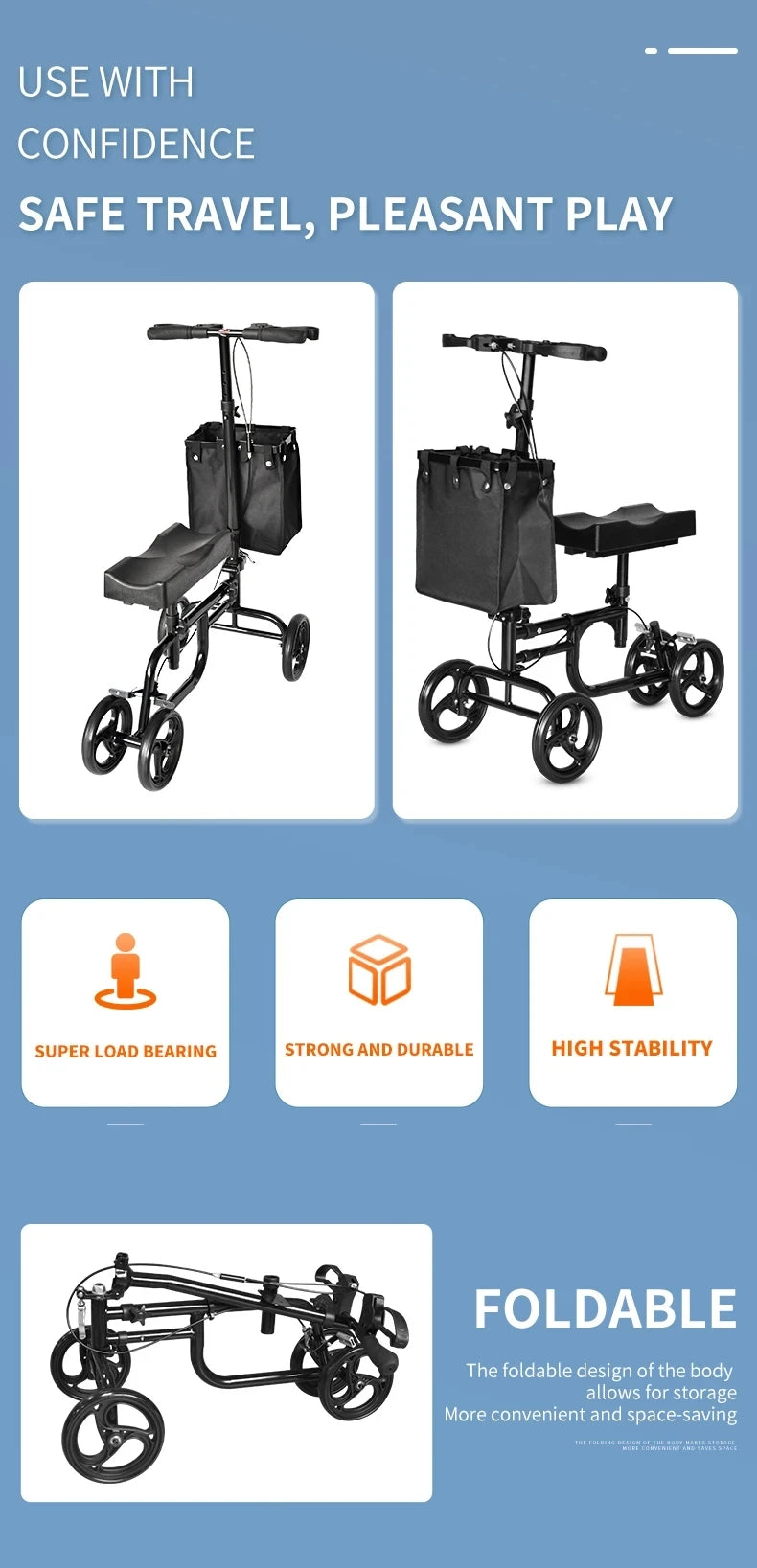 Foldable Knee Walker for Seniors and Disabled - Four-Wheel Portable Trolley with Adjustable Features