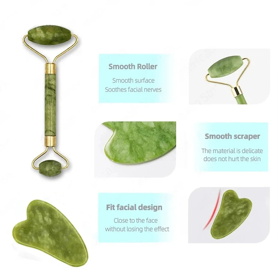 Facial Scraping Board Neck Massage Tablets Body Massager Facial Roller Exquisite Skincare Scraping Tablet Combination Set Green