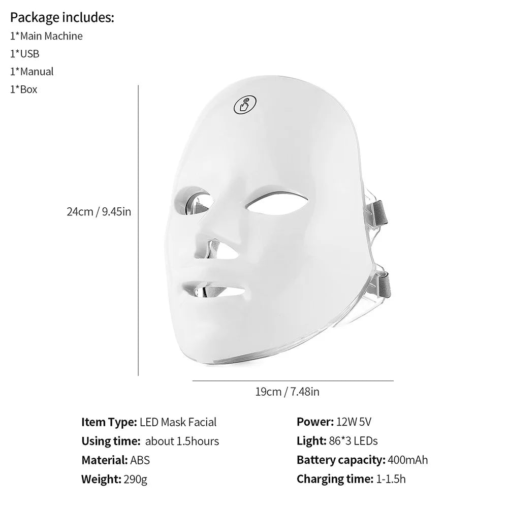 LED Photon Therapy Rechargeable Facial Mask - 7 Color Skin Rejuvenation and Anti-Aging Beauty Device