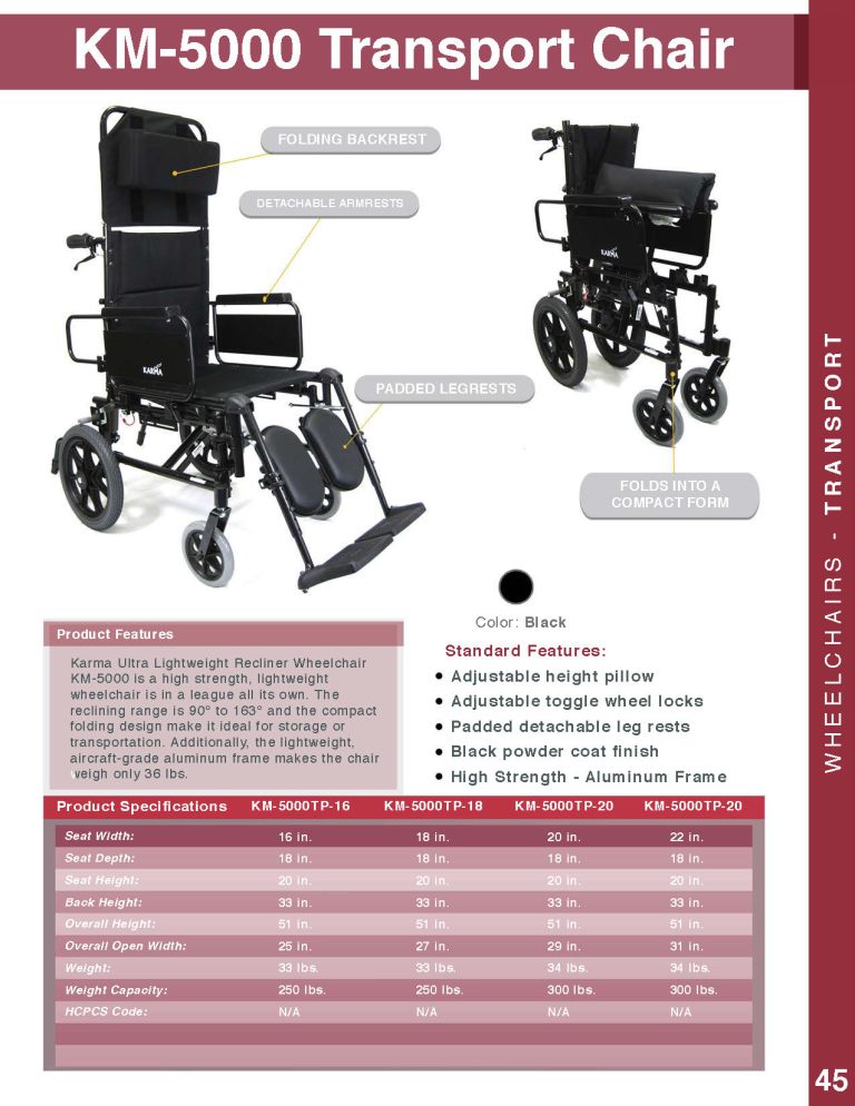 KARMAN KM-5000-TP Lightweight Reclining Transport Wheelchair