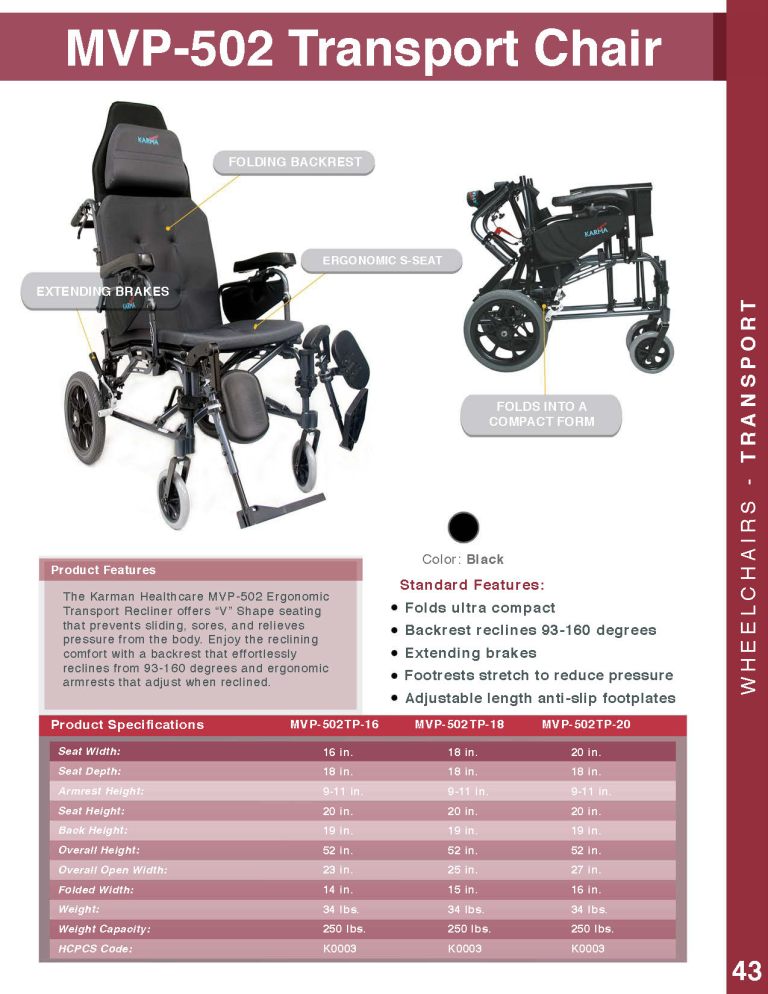 KARMAN MVP502 Lightweight Ergonomic Reclining Transport Wheelchair